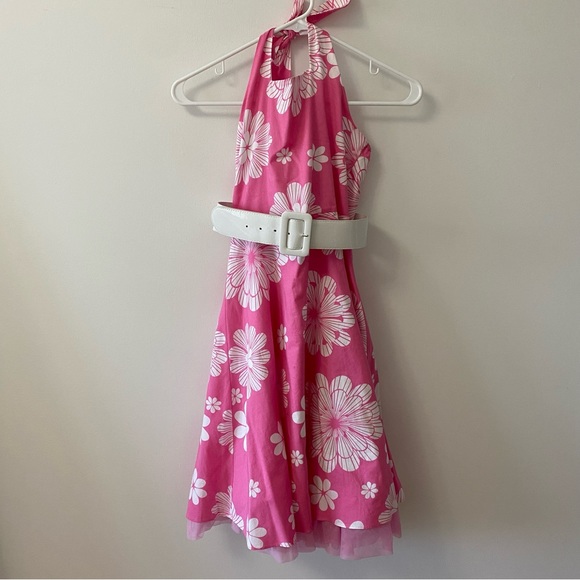 RARE EDITIONS RETRO PINK FLORAL HALTER DRESS - Picture 1 of 10